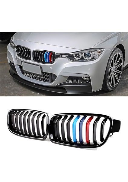 Bmw 3 Serisi F30/F31/F35 Ön Panjur Böbrek Parlak Siyah Piano Black M Renkli 8'li Düz Model 2012-2017