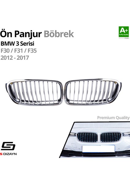 Bmw 3 Serisi F30/F31/F35 Ön Panjur Böbrek Parlak Krom Düz Model 2012-2017