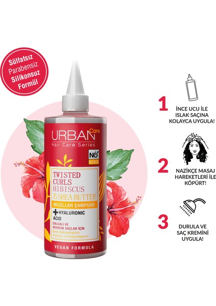 URBAN Care Hibiscus&Shea Butter Kıvırcık ve Dalgalı Saçlara Özel Miselar Şampuan-Sülfatsız-340 ML