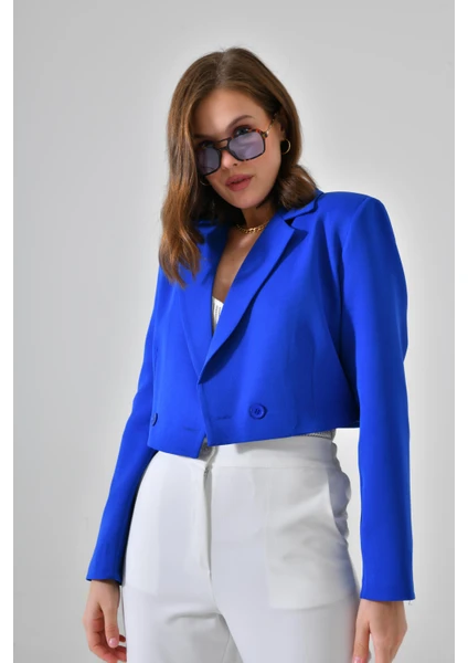 Saks Mavi Kruvaze Crop Blazer Ceket