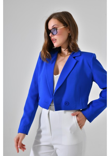 Saks Mavi Kruvaze Crop Blazer Ceket