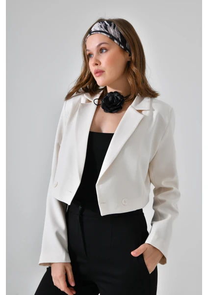 Ekru Kruvaze Crop Blazer Ceket