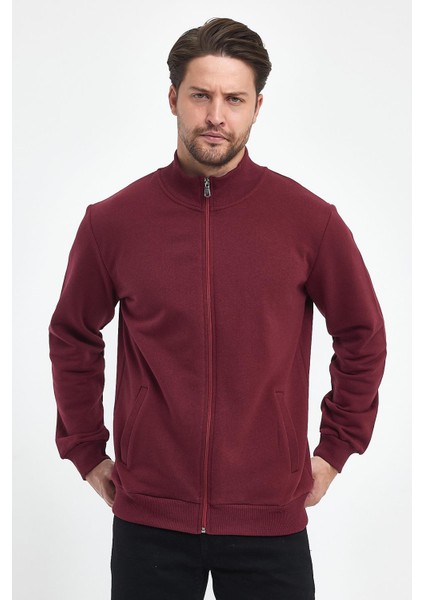 Içi Pamuklu Fermuarlı Dik Yaka Yan Cepli Erkek Bordo Hırka modelleri