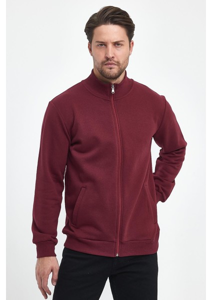 Içi Pamuklu Fermuarlı Dik Yaka Yan Cepli Erkek Bordo Hırka fırsatları