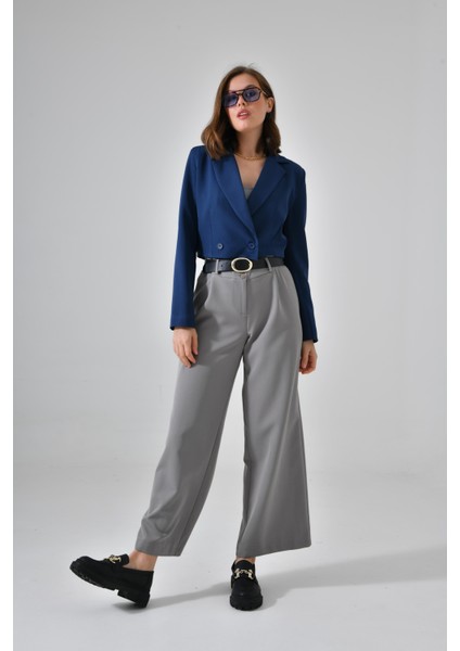 Lacivert Kruvaze Crop Blazer Ceket