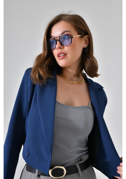 Lacivert Kruvaze Crop Blazer Ceket