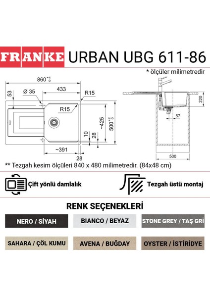 Urban Ubg 611-86 Granit Evye, Sahara, Tezgah Üstü, Tek Hazne, Damlalıklı, 86X50 cm