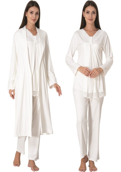 Ekru Sabahlıklı Hamile Lohusa Pijama Takımı