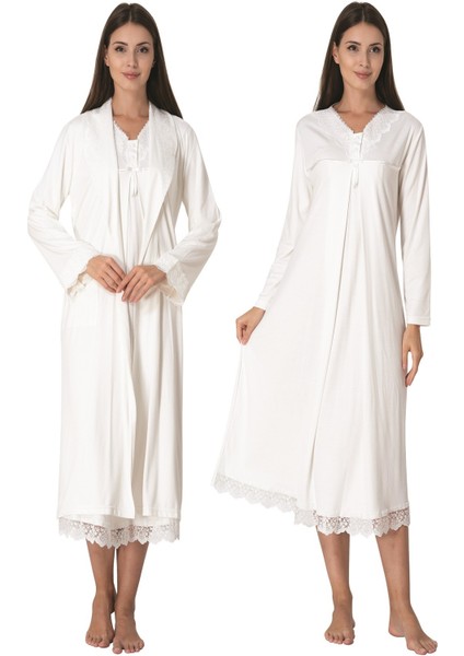 Ekru Sabahlıklı Hamile Lohusa Gecelik Takım