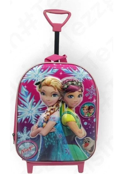 Kız Çocuk Kreş Anaokulu Frozen Elsa Kardeşler 5d Baskı Tekerli Çekçekli Okul Çantası Sırt Çantası