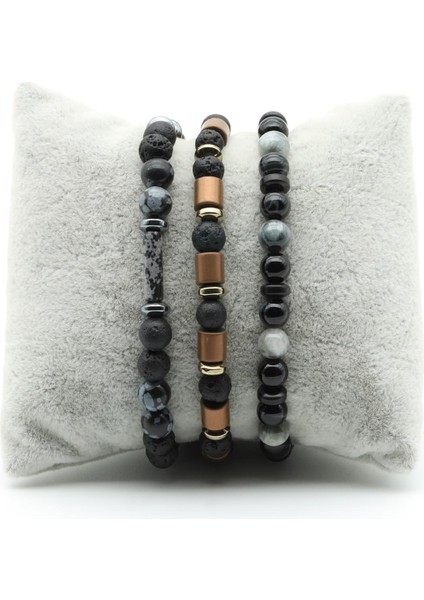 Karlı Obsidyen - Lav - Göz Akik - Kedi Gözü - Oniks - Kokonat - Hematit Doğal Taş Tasarım Bileklik