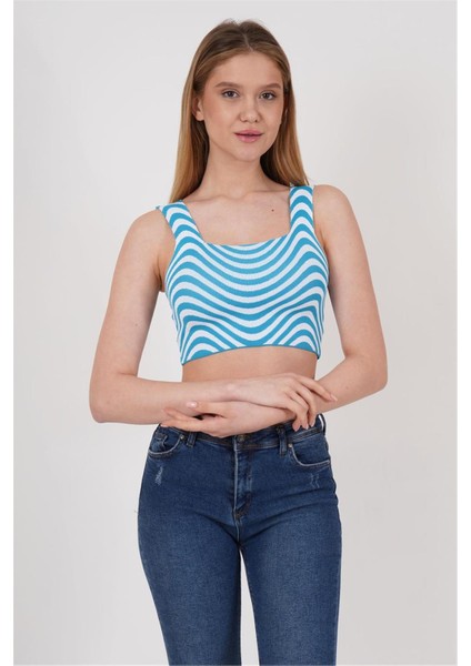 23256429 Triko Zebra Desenli Kare Yaka Crop Atlet Mavı
