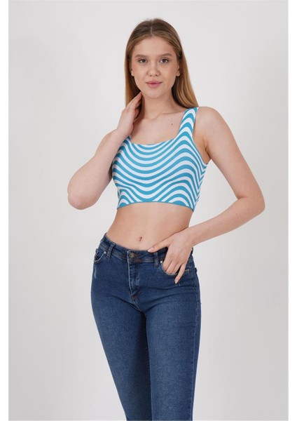 23256429 Triko Zebra Desenli Kare Yaka Crop Atlet Mavı
