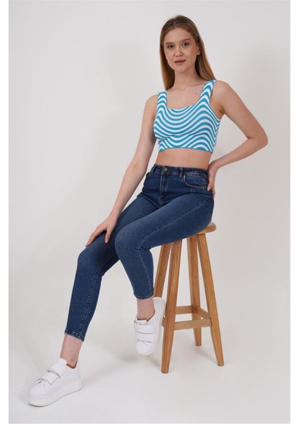 23256429 Triko Zebra Desenli Kare Yaka Crop Atlet Mavı