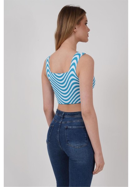23256429 Triko Zebra Desenli Kare Yaka Crop Atlet Mavı