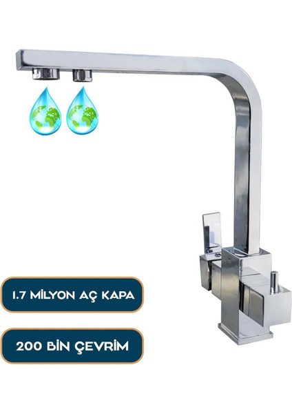 Aqua Bella Kare 3 Yollu Musluk Kare Arıtmalı 3 Yollu Batarya Krom