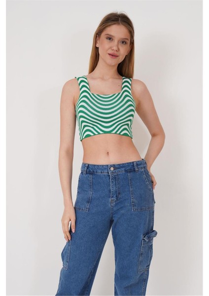 23256429 Triko Zebra Desenli Kare Yaka Crop Atlet Yesıl fiyatları