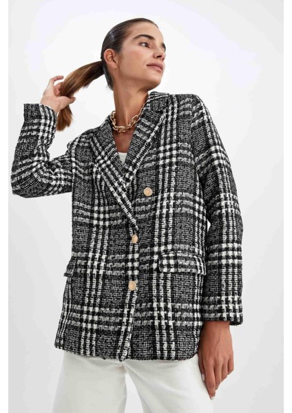 Oversize Fit Kazayağı Desenli Dokulu Tuvit Blazer Ceket V4333AZ22WN