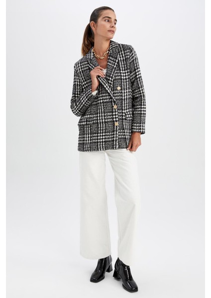 Oversize Fit Kazayağı Desenli Dokulu Tuvit Blazer Ceket V4333AZ22WN