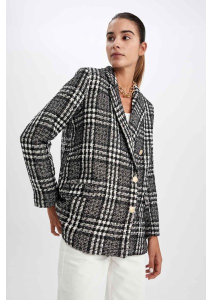 Oversize Fit Kazayağı Desenli Dokulu Tuvit Blazer Ceket V4333AZ22WN