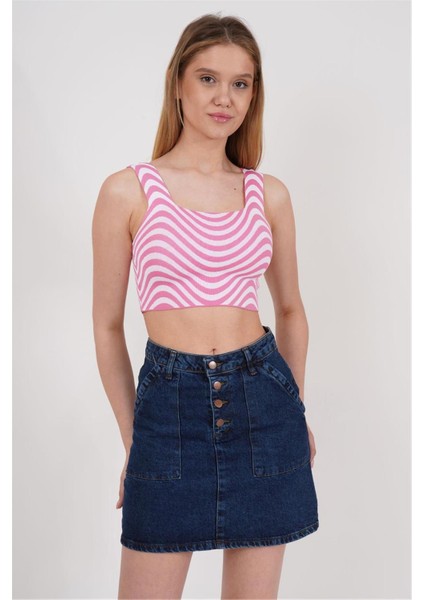 23256429 Triko Zebra Desenli Kare Yaka Crop Atlet Pembe