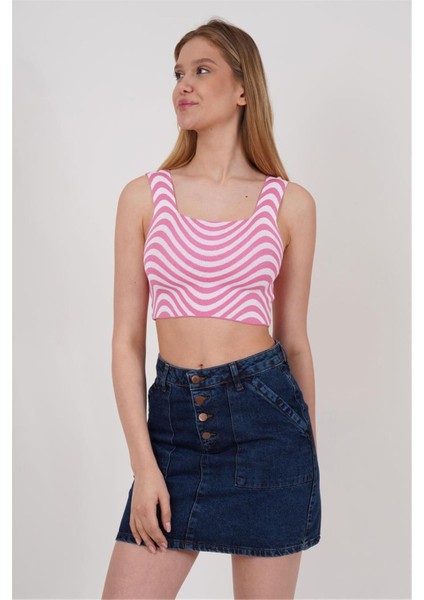 23256429 Triko Zebra Desenli Kare Yaka Crop Atlet Pembe modelleri