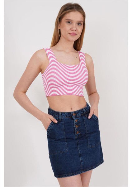 23256429 Triko Zebra Desenli Kare Yaka Crop Atlet Pembe fırsatları