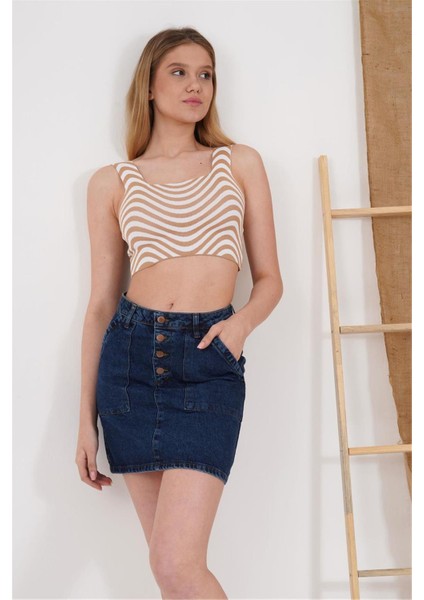 23256429 Triko Zebra Desenli Kare Yaka Crop Atlet Bej