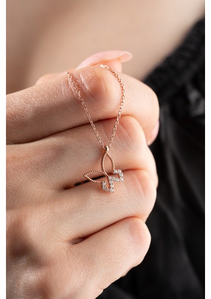 925 Ayar Gümüş Rose Kaplama Zirkon Taşlı Kelebek Kolye