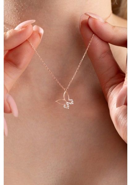 925 Ayar Gümüş Rose Kaplama Zirkon Taşlı Kelebek Kolye fiyatları