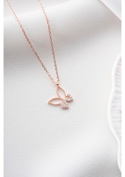 925 Ayar Gümüş Rose Kaplama Zirkon Taşlı Kelebek Kolye modelleri