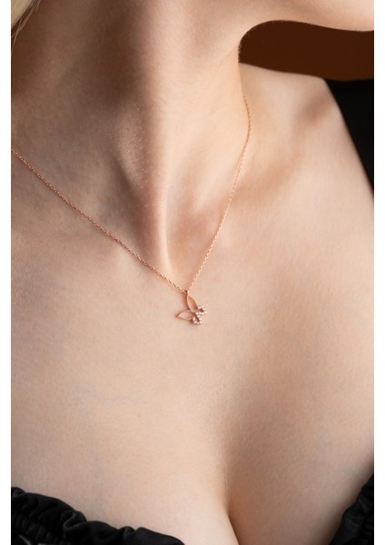 925 Ayar Gümüş Rose Kaplama Zirkon Taşlı Kelebek Kolye indirimleri