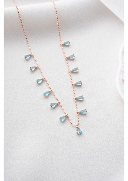 925 Ayar Gümüş Rose Sıralı Damla Aquamarin Taşlı Kolye modelleri