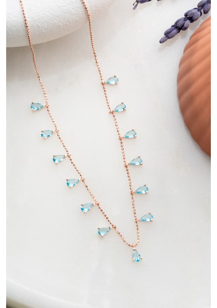 925 Ayar Gümüş Rose Sıralı Damla Aquamarin Taşlı Kolye fırsatları