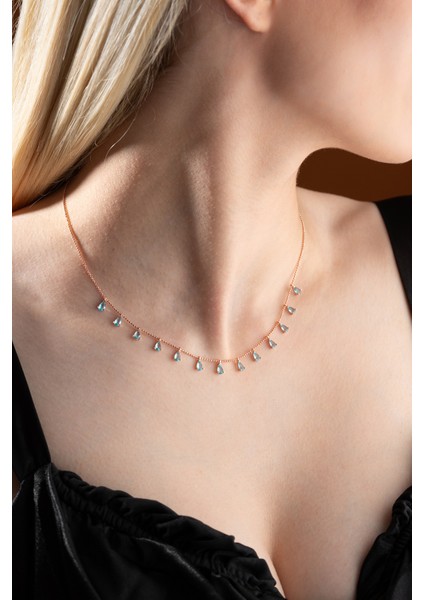 925 Ayar Gümüş Rose Sıralı Damla Aquamarin Taşlı Kolye indirimleri