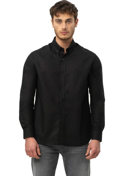 Siyah Uzun Kollu Erkek Keten Gömlek M50090