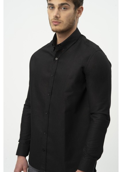 Siyah Uzun Kollu Erkek Keten Gömlek M50090 fırsatları