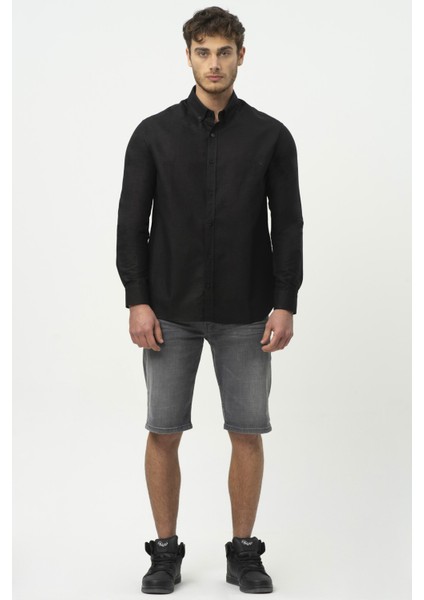 Siyah Uzun Kollu Erkek Keten Gömlek M50090 indirimleri