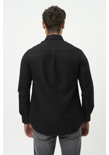 Siyah Uzun Kollu Erkek Keten Gömlek M50090