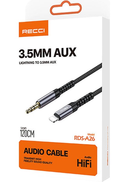 iPhone Aux Kablo Recci RDS-A26 Lightning To 3.5mm Aux Audio Ses Kablo 1.2 Metre