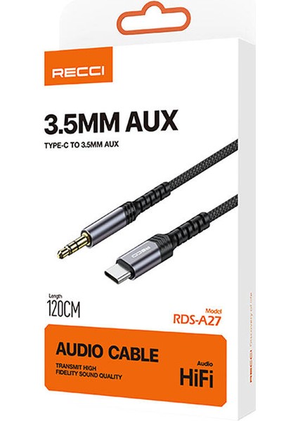 Type-C Aux Kablo Recci RDS-A27 Type-C To 3.5mm Aux Audio Ses Kablo 1.2 Metre