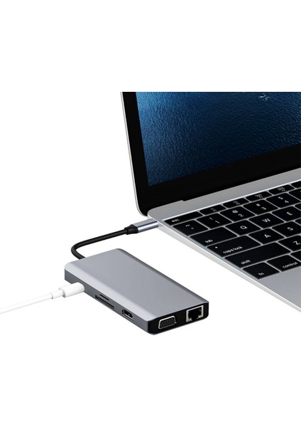 RH09 Type-C To Type-C + Sd/tf + Usb3.0 + Usb2.0 + HDMI + VGA + RJ45 Bağlantılı 9in1 Hub