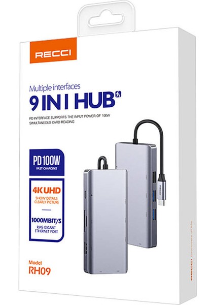 RH09 Type-C To Type-C + Sd/tf + Usb3.0 + Usb2.0 + HDMI + VGA + RJ45 Bağlantılı 9in1 Hub