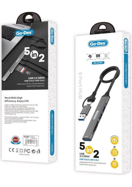 Go Des GD-UC707 Usb3.0 + Usb2.0 + Sd/tf Bağlantılı Type-C Usb-A 5in2 Hub