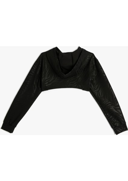 Kapşonlu Crop Spor Sweatshirt Zebra Desenli Uzun Kollu modelleri