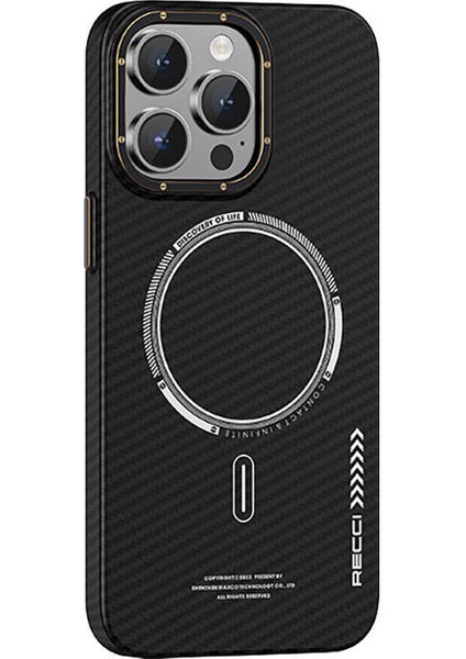 iPhone 15 Pro Max Uyumlu Kılıf Recci Machinist Seri Magsafe Şarj Özellik Magnetik Karbon Kapak Siyah