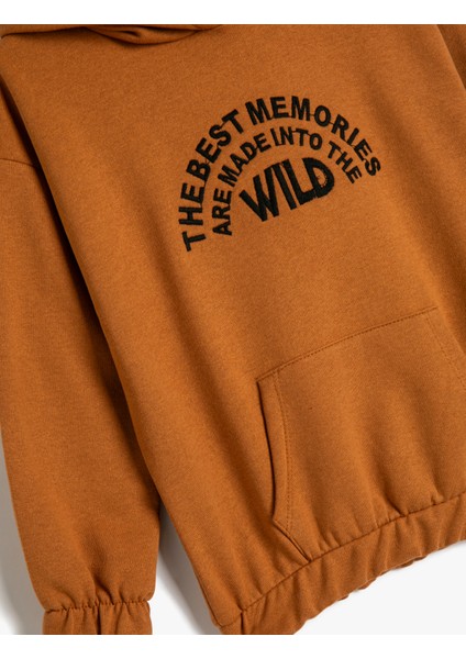 Kapşonlu Sweatshirt Uzun Kollu Kanguru Cepli Slogan Baskılı Şardonlu