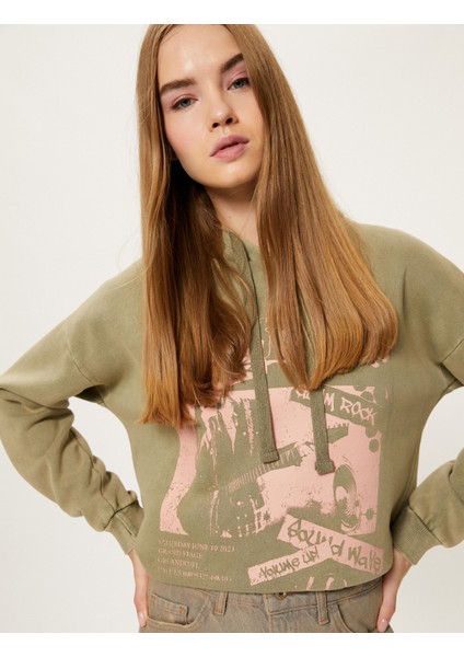 Kapşonlu Baskılı Sweatshirt Şardonlu Uzun Kollu Soluk Efektli