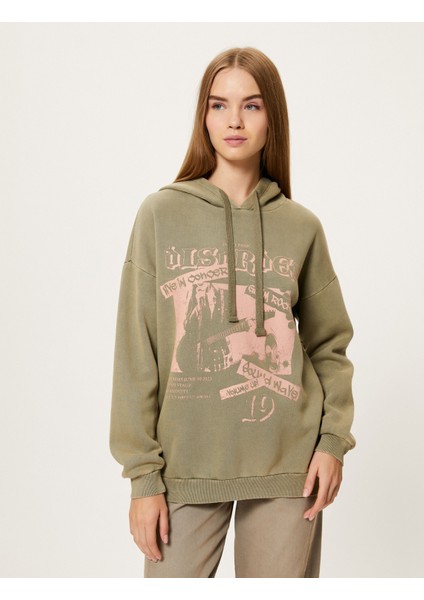 Kapşonlu Baskılı Sweatshirt Şardonlu Uzun Kollu Soluk Efektli