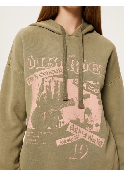 Kapşonlu Baskılı Sweatshirt Şardonlu Uzun Kollu Soluk Efektli